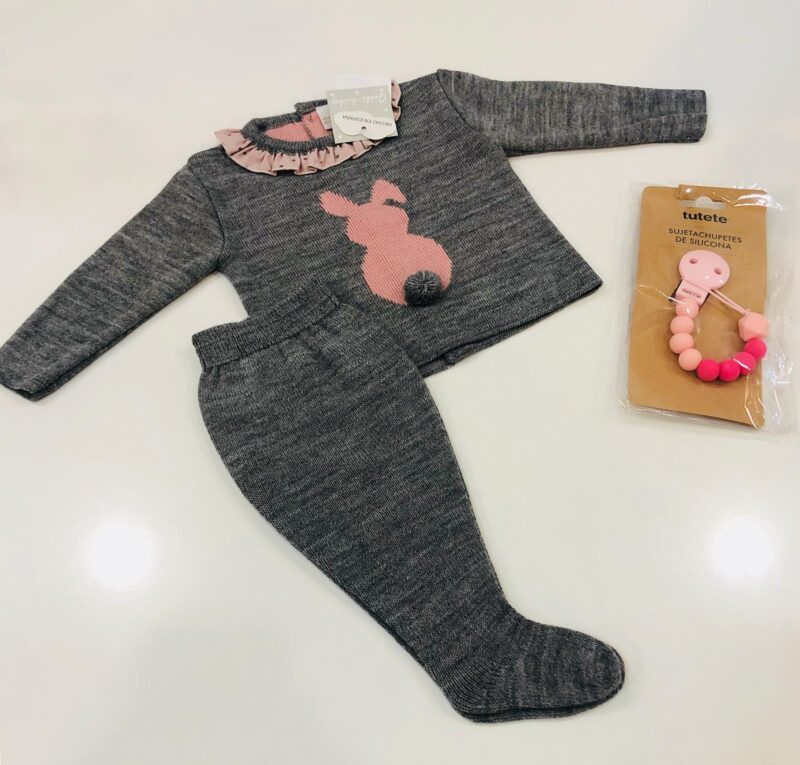 Compleu gri din tricot cu iepuras roz Guti-baby