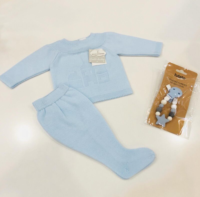 Compleu albastru din tricot model casa Guti-baby