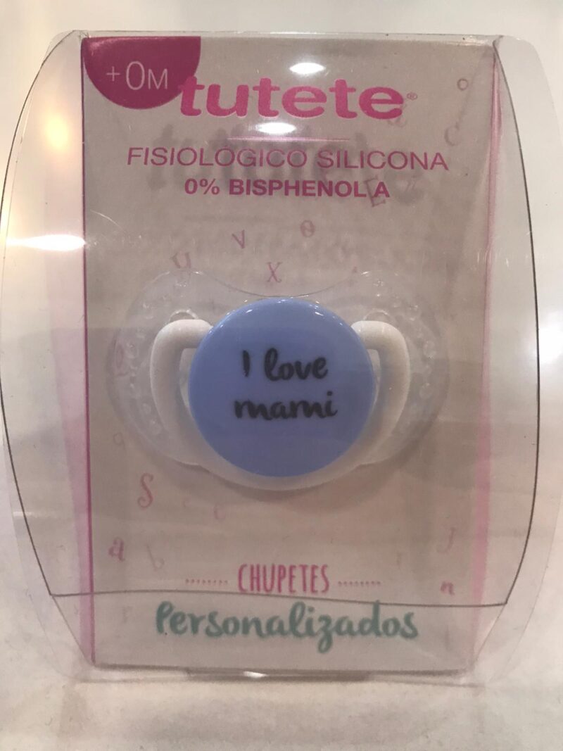 Suzetă albastru-transparent "I love mami"