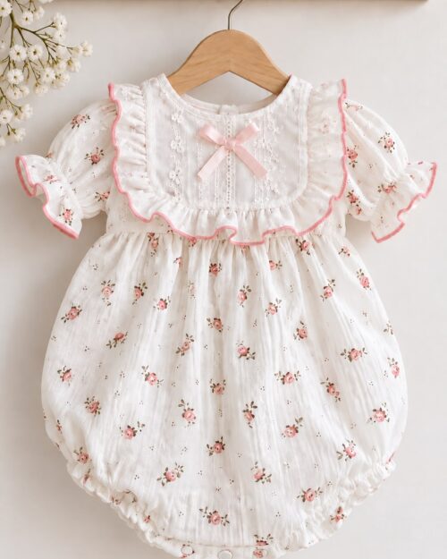 Salopeta bumbac brodat, Pink, Little Rose