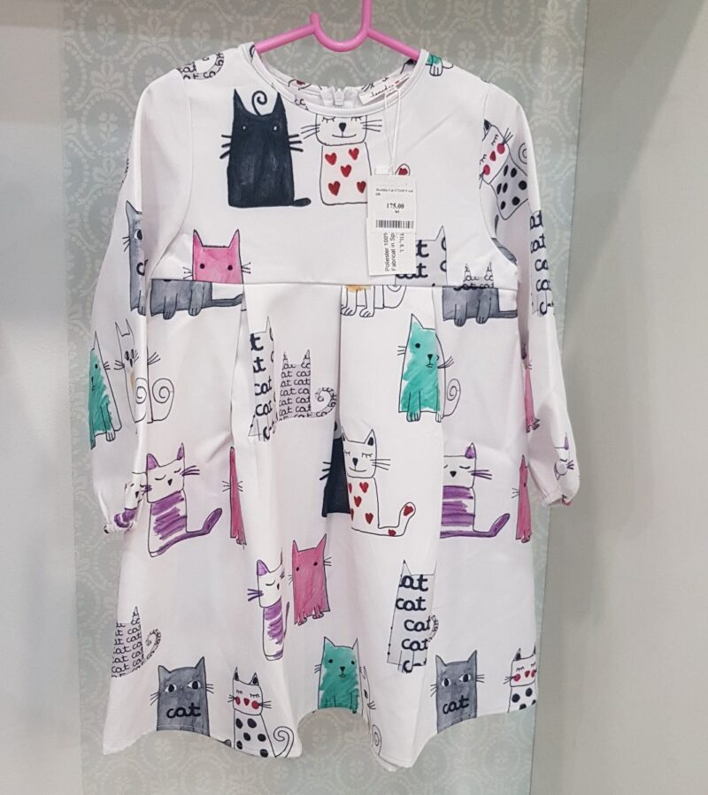 Rochita alba pentru fetite cu model multicolor cu pisicute
